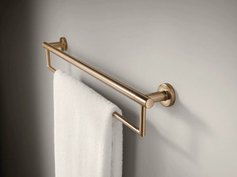 24 Inch Towel Bar And Assist Bar In Champagne Bronze, Contemporary Style, Seven Eighths Inch Diameter, Extends 3 Inches From Wall, Supports Over 250 Pounds, Mounting Hardware Included For Easy Install holding white towel