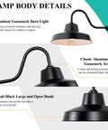 Outdoor Gooseneck Barn Light Fixture With 14 Inch Extension Arm For Farmhouse Exterior Garage Or Warehouse Porch Matte Black Finish Weather Resistant Industrial Style Lighting shown with close-up and side view