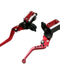 Universal Seven Eighths Inch 22 Millimeter CNC Hydraulic Brake Clutch Lever Master Cylinder With Dual Pump And Warning Switch Mirror Holder For Scooter Motorcycle ATV UTV Go Kart Red, showing red levers and dual pumps.