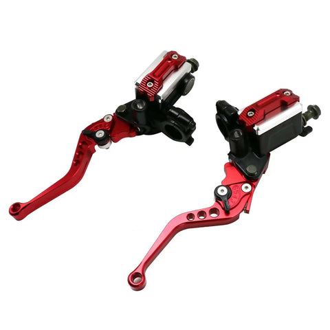 Universal Seven Eighths Inch 22 Millimeter CNC Hydraulic Brake Clutch Lever Master Cylinder With Dual Pump And Warning Switch Mirror Holder For Scooter Motorcycle ATV UTV Go Kart Red, showing red levers and dual pumps.