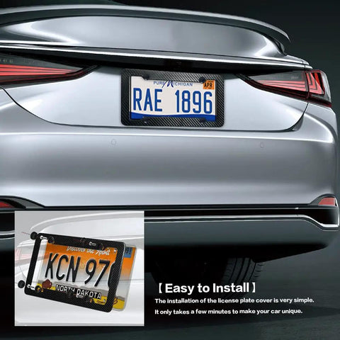 Car showcasing installed 2 Pack Carbon Fiber License Plate Frames for Front and Rear Mounting With Fasteners And Screws Waterproof Plastic Tag Cover 4 Hole Universal Holder Durable Car Number Plate Frame Set