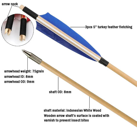 Close-up of 31 Inch Wooden Archery Arrows For Longbow And Recurve, featuring blue 5" turkey feathers, and Indonesian White Wood shaft.