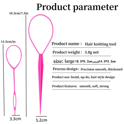 Six Piece Topsy Tail and Hair Loop Styling Tool Set for Ponytail Makers, French Braid Loops, and Pull Through Tools for Durable, Reboundable Hair Accessories in Pink, Blue, Purple for Women and Girls, pink 7.5in and 5.7in sizes