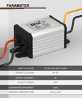 Beefy Waterproof 12V To 6V Buck Converter For DIY Projects And Marine Electronics, 8V To 35V Input, 6V Output, Up To 3A 18W, High Efficiency 90 Percent, Synchronous Non Isolated DC To DC Regulator With Over Temp And Over Current Protection shown with wiring details.