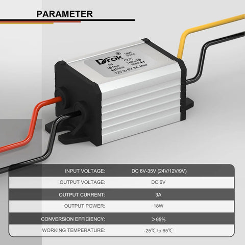 Beefy Waterproof 12V To 6V Buck Converter For DIY Projects And Marine Electronics, 8V To 35V Input, 6V Output, Up To 3A 18W, High Efficiency 90 Percent, Synchronous Non Isolated DC To DC Regulator With Over Temp And Over Current Protection shown with wiring details.