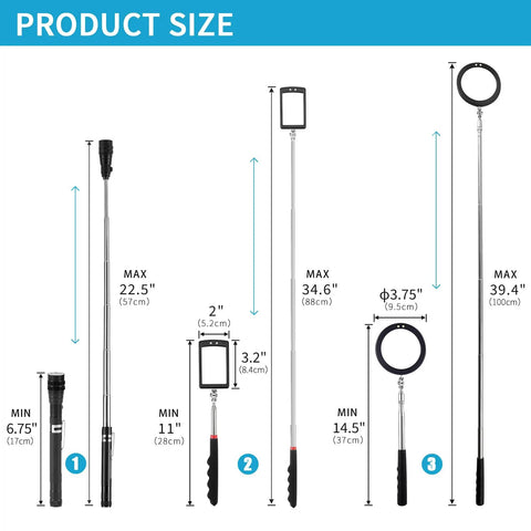 Product size chart for 3 Pack Telescoping Inspection Mirrors With LED Light and Magnetic Flashlight, showing measurements and design features.