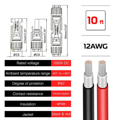 Heavy Duty 10 Foot 12 Awg Solar Panel Extension Cable Pair With Slick Male Female Connectors For Rv Camper Top Shelf Roof Rack Power Run Zero Sweat Plug And Play Solar Wiring Adapter Kit In Red And Black, detailed specifications.