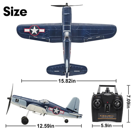 Top and side view of F4U Corsair RC Plane 4 Channel RTF with Xpilot Stabilization, 12.59 in wingspan, with remote control.