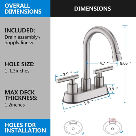 Dimensions and included features of Brushed Nickel 4 Inch Centerset Two Handle Bathroom Faucet With Stainless Steel Build Pop Up Drain.