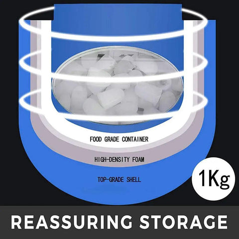 Top Shelf Countertop Automatic Ice Dispenser With Food Grade Abs Shell And Fast 12 To 15kg Production For Hassle Free Home Mixology Smooth Touch Buttons, showing 1kg food grade container filled with ice.