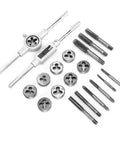 Top Notch 20 Piece Tap And Die Set M3 To M12 Alloy Steel Thread Cutting Tool Kit With Adjustable Wrenches For Automotive Repair, Machinery Build And Serious DIY Metalworking Projects. Alloy steel M3-M12 tap and die set with wrenches and dies laid out