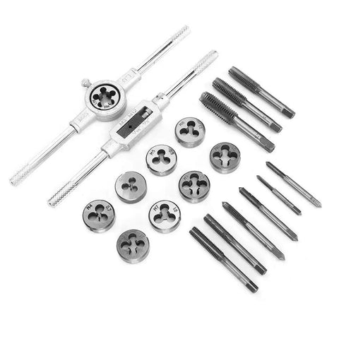 Top Notch 20 Piece Tap And Die Set M3 To M12 Alloy Steel Thread Cutting Tool Kit With Adjustable Wrenches For Automotive Repair, Machinery Build And Serious DIY Metalworking Projects. Alloy steel M3-M12 tap and die set with wrenches and dies laid out