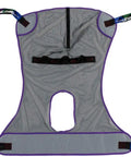 Patient Aid Full Body Mesh Commode Sling For Hoyer Patient Lift With Four Positioning Straps top view gray fabric design.