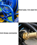 Heavy Duty Garden Hose Reel Cart With Smooth Rolling Caster Wheels showing steel frame and brass connector details.