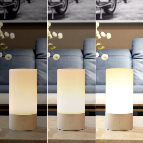 Touch Sensitive LED Table Lamp With Tunable Warm White And RGB Color Changing Night Light For Bedrooms Living Rooms And Hallways Great Reading Lamp For Any Space Gray displayed on a table with adjustable brightness.