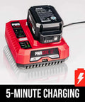 12V Brushless Oscillating Tool Kit With 40-Pc Accessory Set, PWR CORE 12 Battery on PWRJump Charger displaying 5-minute charging