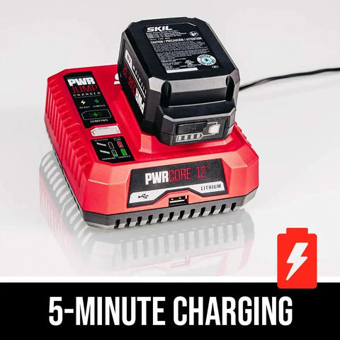 12V Brushless Oscillating Tool Kit With 40-Pc Accessory Set, PWR CORE 12 Battery on PWRJump Charger displaying 5-minute charging