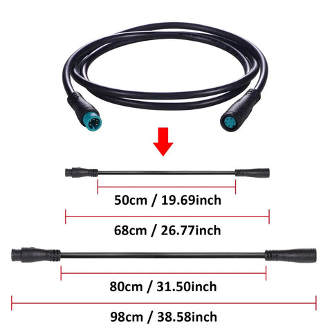 Waterproof Electric Bike Extension Cable showing various lengths and female to male connectors for throttle motor brakes display.