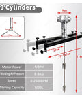 Air Powered Paint Stirring Machine With High Torque Air Agitator Cuts Mixing Time By Eighty Percent Ideal For Auto Shops Paper Mills Wineries And Dye Factories Heavy Duty Three Cylinder Design For Efficient Batch Mixing with dimensions and specifications displayed.