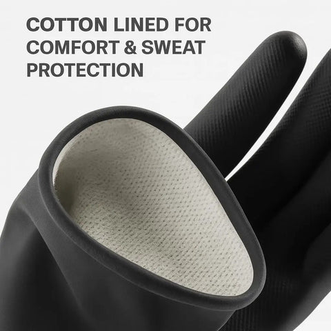 Built To Kick Butt With These Top Shelf Heavy Duty Black Rubber Work Gloves Featuring Rock Solid Chemical Resistance For Grease Monkeys And Pro Mechanics Shops - close-up of cotton-lined interior for comfort.