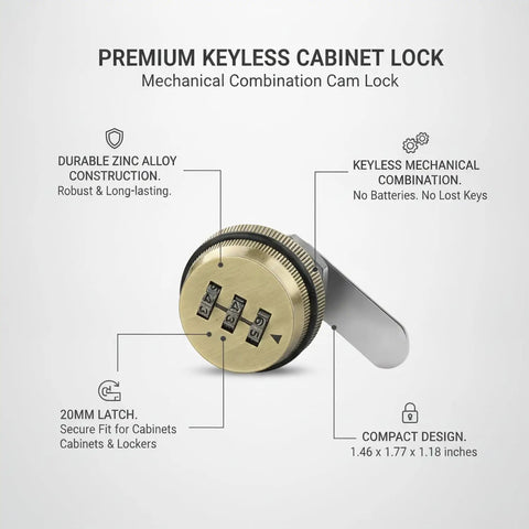 Mechanical Combination Cam Lock For File Cabinets And Storage Lockers, Zinc Alloy Keyless Cabinet Lock with 20mm latch