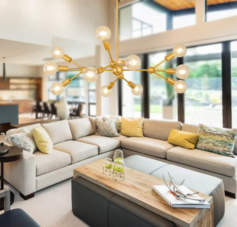 Modern Sputnik Chandelier 12 Light Gold Metal Ceiling Fixture for Living Room Bedroom Dining Kitchen and Office Dope Statement