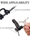 10 Ft D Loop Rope For Compound Bowstring Archery shown as knot on bow and in hand as drawstring for release setup.