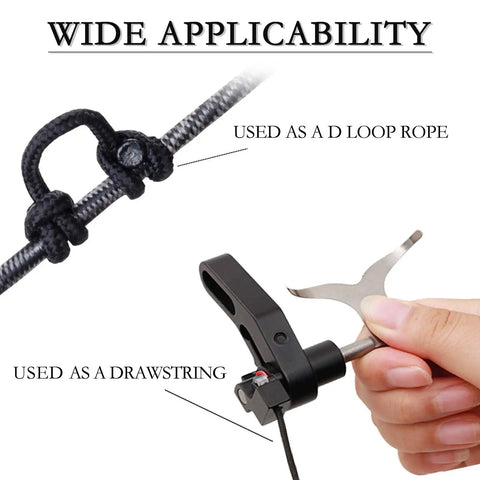 10 Ft D Loop Rope For Compound Bowstring Archery shown as knot on bow and in hand as drawstring for release setup.
