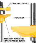 Close-up of the Ogee Three Bit Raised Panel Cabinet Door Router Bit Set with one half inch shank, carbide tipped.