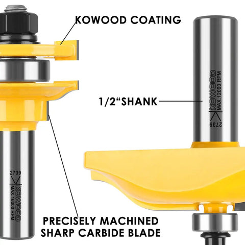 Close-up of the Ogee Three Bit Raised Panel Cabinet Door Router Bit Set with one half inch shank, carbide tipped.