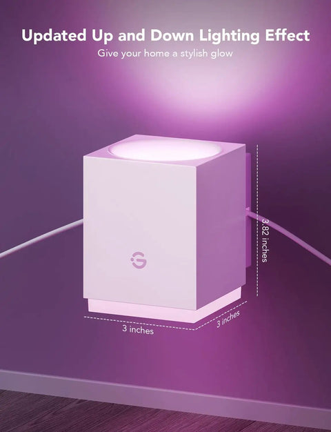 Modern Cube Wall Sconces With Adjustable Cable Distance And Smart RGBic LED Fixture That Hooks Up To Alexa For Chill Living Room Vibes And Fast Plug And Play Mounting Anytime You Want Dope Accents showing dimensions and up and down lighting effect.