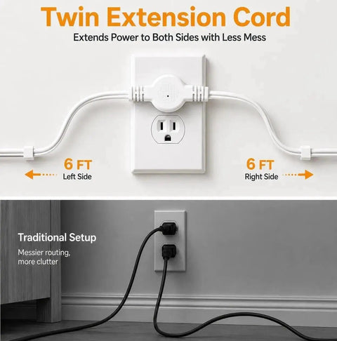 Ditch The Janky Setup With This 12 Ft Twin Extension Cord Offering Three Side Outlets And A Sleek Flat Plug For Zero Plug Fighting And Effortless Fast Charging Anywhere. Twin extension cord showing 6 ft on both sides for organized power access.