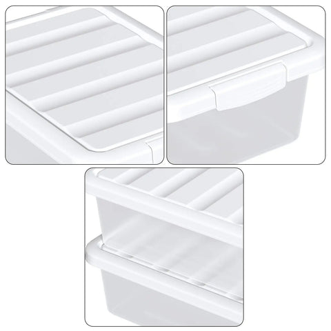 Close-up of Two Pack 14 Quart Stackable Plastic Storage Bins With Lids For Shoes And Crafts Organization On Closet Shelves