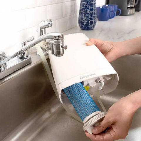 Replacement Filter Cartridge For Countertop Water Filtration System being installed under kitchen faucet, showing filter placement.