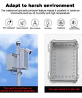 Image of Rugged Large Waterproof Electrical Enclosure Box IP67 Outdoor Junction Box Made From ABS Plastic With Clear Cover mounted on pole and shown open.