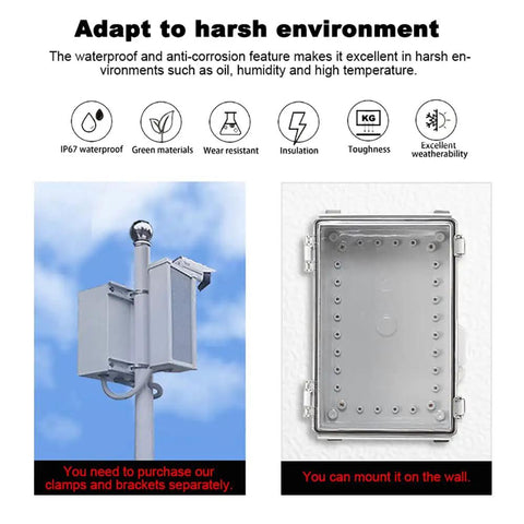 Image of Rugged Large Waterproof Electrical Enclosure Box IP67 Outdoor Junction Box Made From ABS Plastic With Clear Cover mounted on pole and shown open.