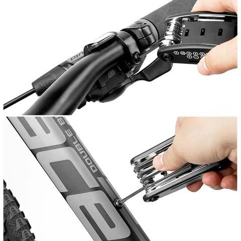 Using the 16 In 1 Bicycle Multitool Kit For On The Go Mountain Bike Maintenance on handlebars and frame, includes Hex Key Wrench Set.
