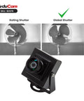 2.3MP USB Camera Module With No Lag Global Shutter And 110 Degree Wide Angle Lens For Crisp 1080p At 90fps High Speed USB 2.0 UVC Webcam Compatible With Windows Linux Android And Mac OS displayed on stand with rolling and global shutter examples