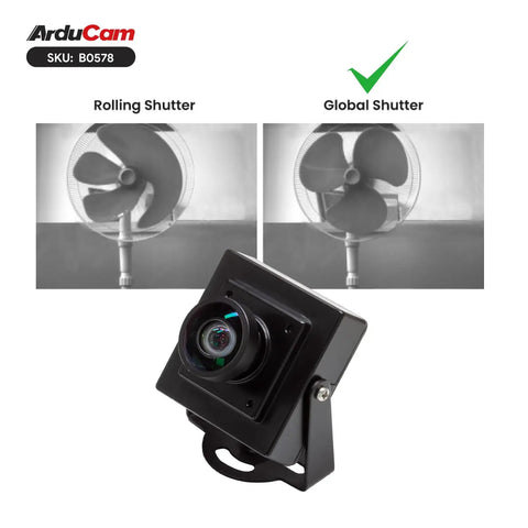 2.3MP USB Camera Module With No Lag Global Shutter And 110 Degree Wide Angle Lens For Crisp 1080p At 90fps High Speed USB 2.0 UVC Webcam Compatible With Windows Linux Android And Mac OS displayed on stand with rolling and global shutter examples