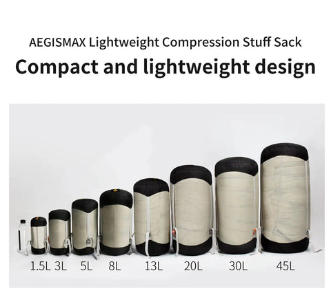 Ultralight Water Resistant Compression Stuff Sack For Sleeping Gear And Camping Essentials in sizes 1.5L to 45L