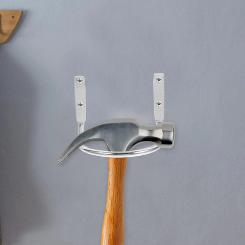Heavy Duty Hammer Holder Wall Mount Tool Rack With Iron Hooks, 4 Pack displayed with hammer on gray wall
