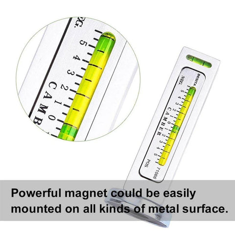 Adjustable Magnetic Camber Gauge Tool For Vehicle Suspension And Wheel Alignment, showing close-up of levels and scale.