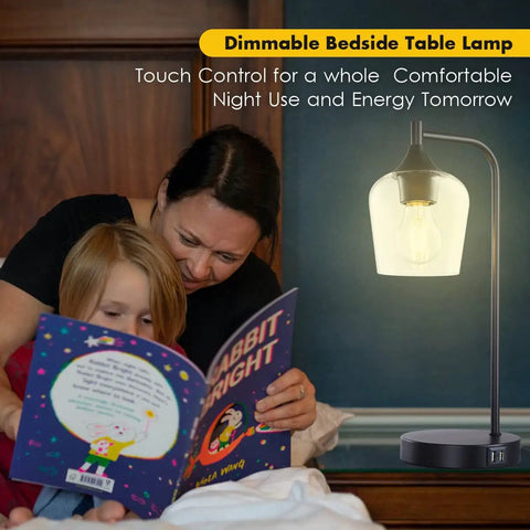 Industrial Table Lamps Set Of 2 For Bedroom And Living Room Dimmable 3 Way Touch Control Nightstand Lamps Black Finish With USB Ports E26 Bulbs Included next to a family reading a book.