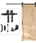 Heavy Duty Sliding Barn Door Hardware Kit 6.6 Ft With Smooth And Quiet Operation Adjustable Floor Guide Door Hook And Two Handles Fits Doors 1 3 8 To 1 3 4 Inch Thickness Black Finish J Shape Hangers Supports Up To 350 Lbs displayed with wooden door.