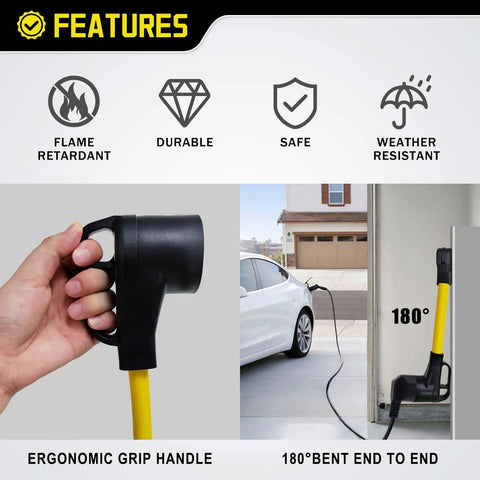Heavy Duty Nema 14-30 To 14-50 R Ev Charger Adapter Cord With Slick Grip Handle and Solid Copper Build for Tesla Drivers, ergonomic grip detail.