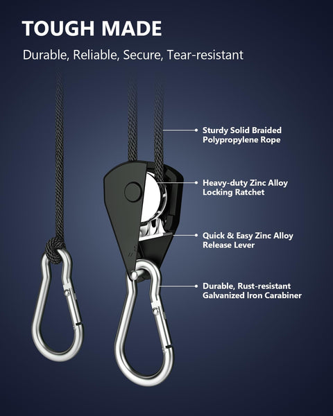 Beefy Heavy Duty Retractable Ratchet Tie Down Straps 4 Pack 8 Ft Each 75 Lb Capacity Per Strap With Carabiner Hooks diagram