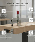 Heavy Duty Stainless Steel Vertical Toggle Clamp Jobsite Tough Side Mount Lever mounted on workbench for secure grip.