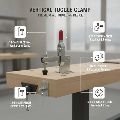 Heavy Duty Stainless Steel Vertical Toggle Clamp Jobsite Tough Side Mount Lever mounted on workbench for secure grip.