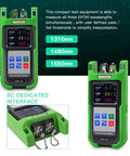 Live PON Optical Power Meter with 0.1 dB resolution showing 1310nm, 1490nm, and 1550nm wavelengths for testing EPON, GPON, APON networks.