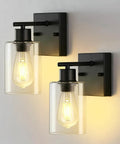 Modern Matte Black Wall Sconces With Clear Glass Shades, Farmhouse Industrial Vanity Lights For Bathroom Mirror Bedroom Hallway, 2 light sconces with glass shades.